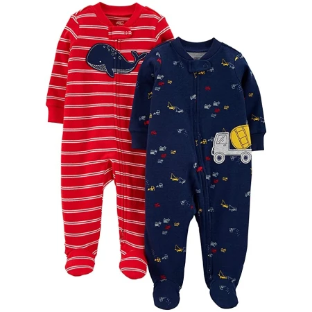 Baby Boys' 2-Way Zip Cotton Footed Sleep and Play, Pack of 2
