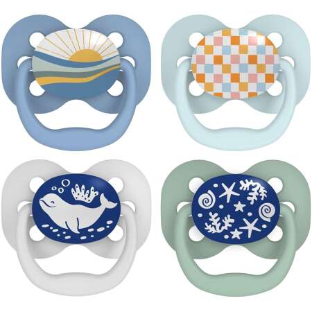 Dr. Brown's Advantage Glow-in-the-Dark Baby Pacifier, Fully Symmetrical Soother with Soft Silicone Bulb, Blue Sunrise-Blue Ocean, 0-6m, BPA Free, 4 Pack