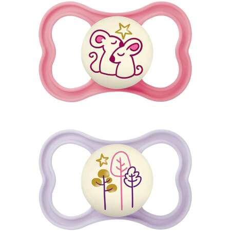 MAM Air Night Baby Pacifiers for Sensitive Skin, Glows in The Dark, 2 Count, 6-16 Months, Girl