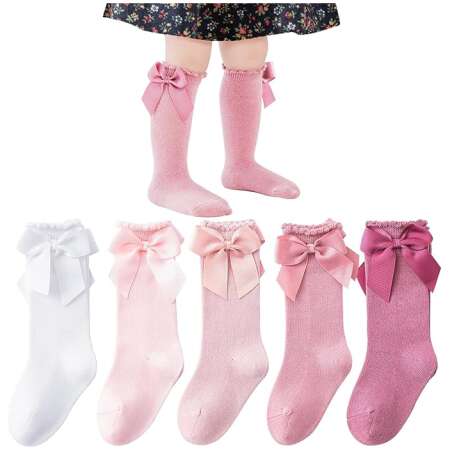 Baby Knee High Socks - Toddler Long Cotton Tube Stockings With Bow Ruffles for Girls - Infant Dress Socks