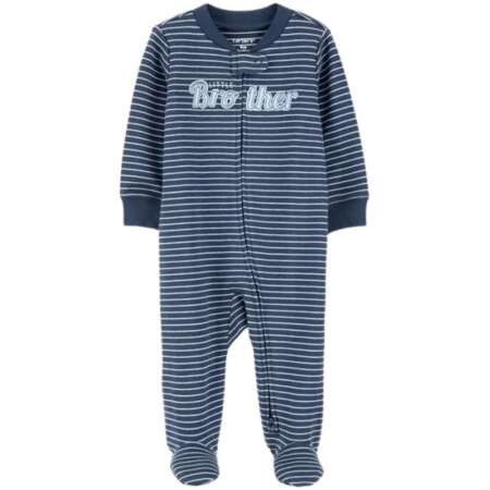 Baby Boy Striped Little Bro 2-Way Zip Cotton Sleep & Play Pajamas - Blue