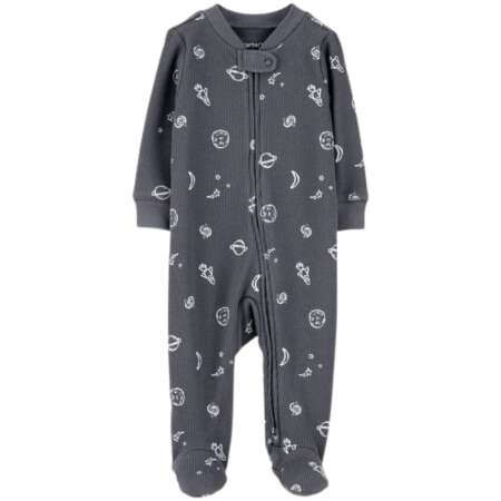 Baby Boy Space Print 2-Way Zip Waffle Knit Sleep & Play - Grey