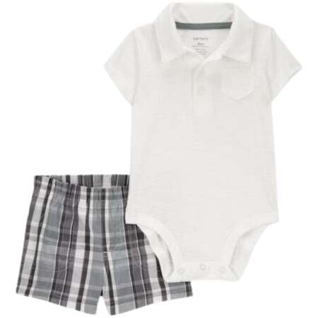 Baby Boy 2-Piece Polo Bodysuit & Plaid Short Set - Ivory/Grey