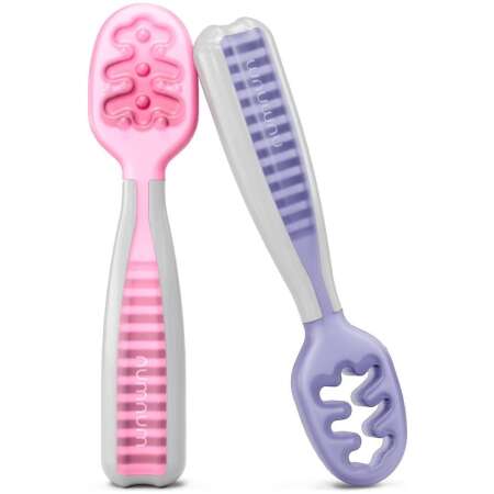 NumNum Baby Spoons Set, Baby Essentials Pre-Spoon GOOtensils for 6+ Months, First Stage Self-Feeding Spoons for Baby Led Weaning (BLW), Silicone Toddler Utensils, BPA-Free, 2 Pack Frosty Lilac/Rosebud