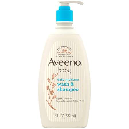 Aveeno Baby Daily Moisture Gentle Body Wash & Shampoo with Oat Extract, 2-in-1 Baby Bath Wash & Hair Shampoo, Tear- & Paraben-Free for Hair & Sensitive Skin, Lightly Scented, 18 fl. oz