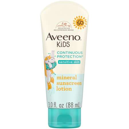 Aveeno Kids Zinc Oxide Mineral Sunscreen Lotion SPF 50, 3 fl. oz | Tear-Free | Non-Greasy | Broad Spectrum | Continuous Protection | For Children's Sensitive Skin | Sweat & Water-Resistant