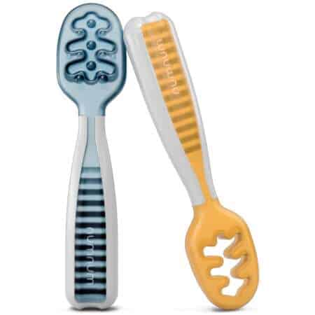 NumNum Baby Spoons Set, Baby Essentials Pre-Spoon GOOtensils for 6+ Months, First Stage Self-Feeding Spoons for Baby Led Weaning (BLW), Silicone Toddler Utensils, BPA-Free, 2 Pack Blue/Orange