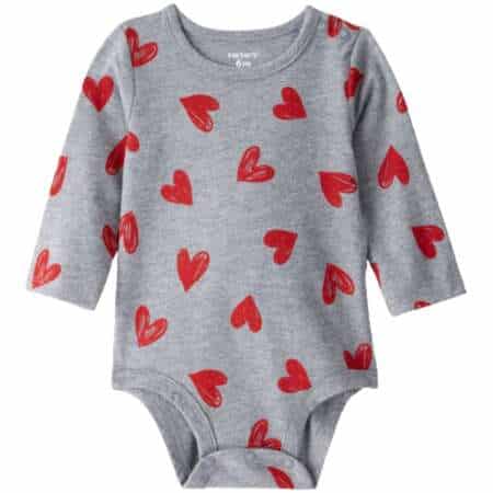 Baby Girl Heart Print Long-Sleeve Graphic Bodysuit - Grey